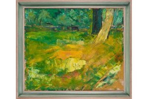Framed abstract painting with green, yellow, and brown colors