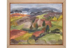 Framed painting of a landscape with hills and trees