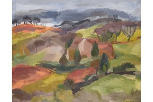 Painting of a landscape with fields and trees