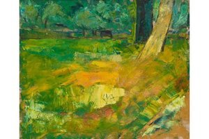 Artistic depiction of a landscape with trees and grass