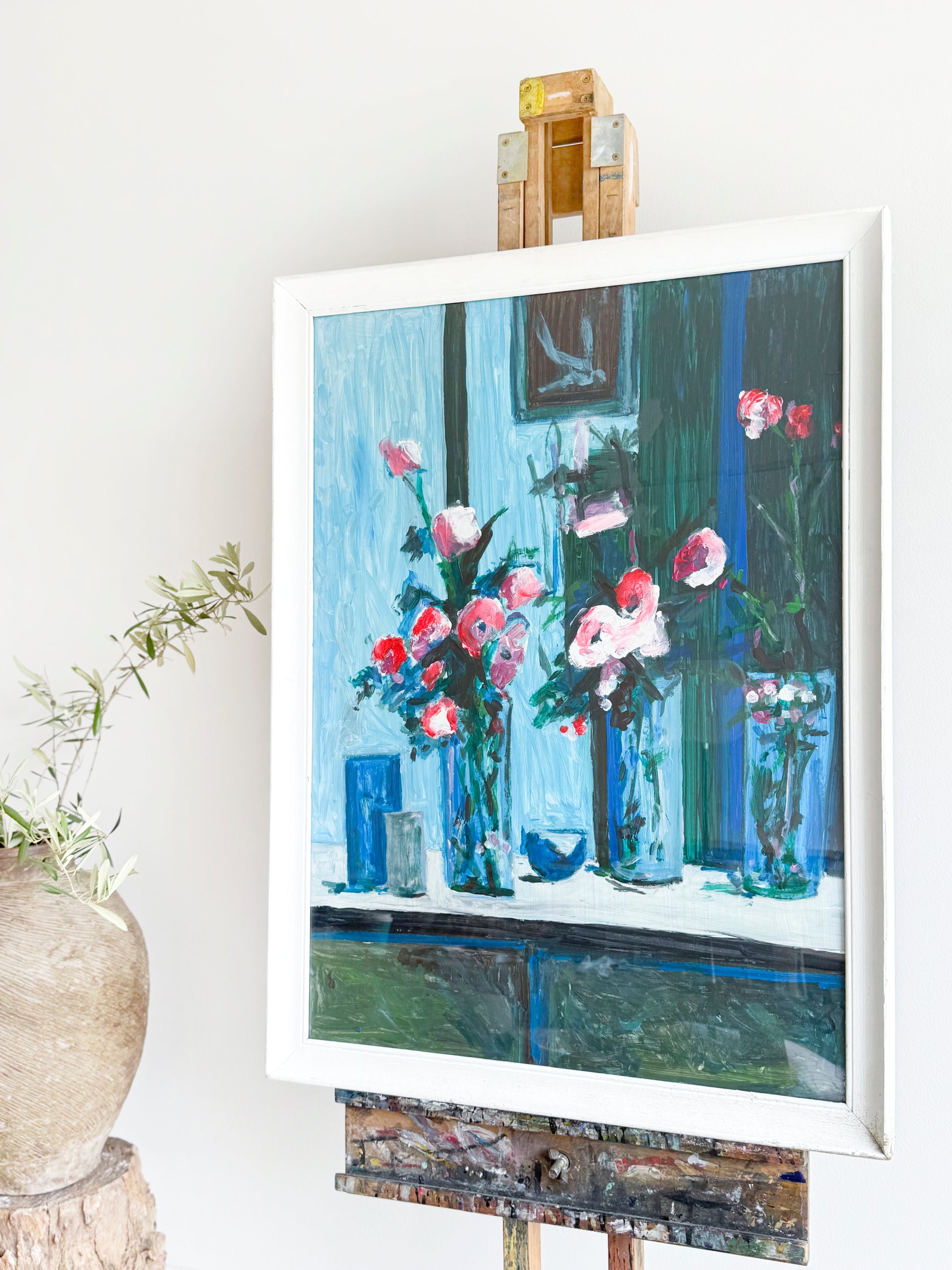 floral painting with a blue background. Vintage art online