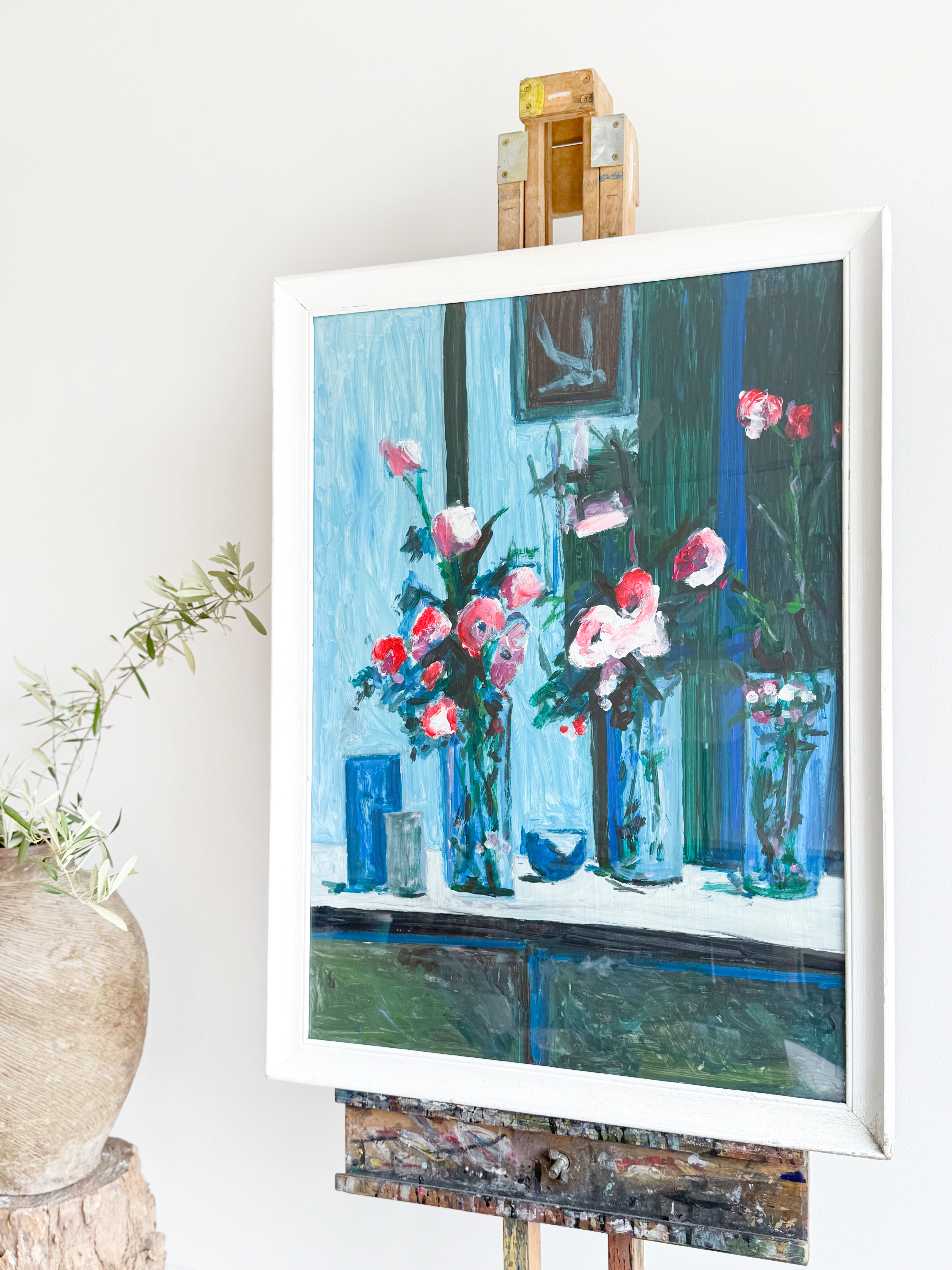 floral painting with a blue background. Vintage art online