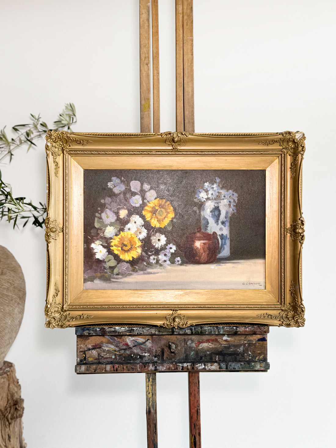 Vintage still life painting with flowers in a gold frame on an easel.
antiques London	
homeware shop London
interior styling objects London and Sussex
antique sourcing UK	
curated antiques	
antique homeware / antique homewares	
decorative antiques	
art and objects	
timeless home decor found objects decor
vintage home accessories
antique art	