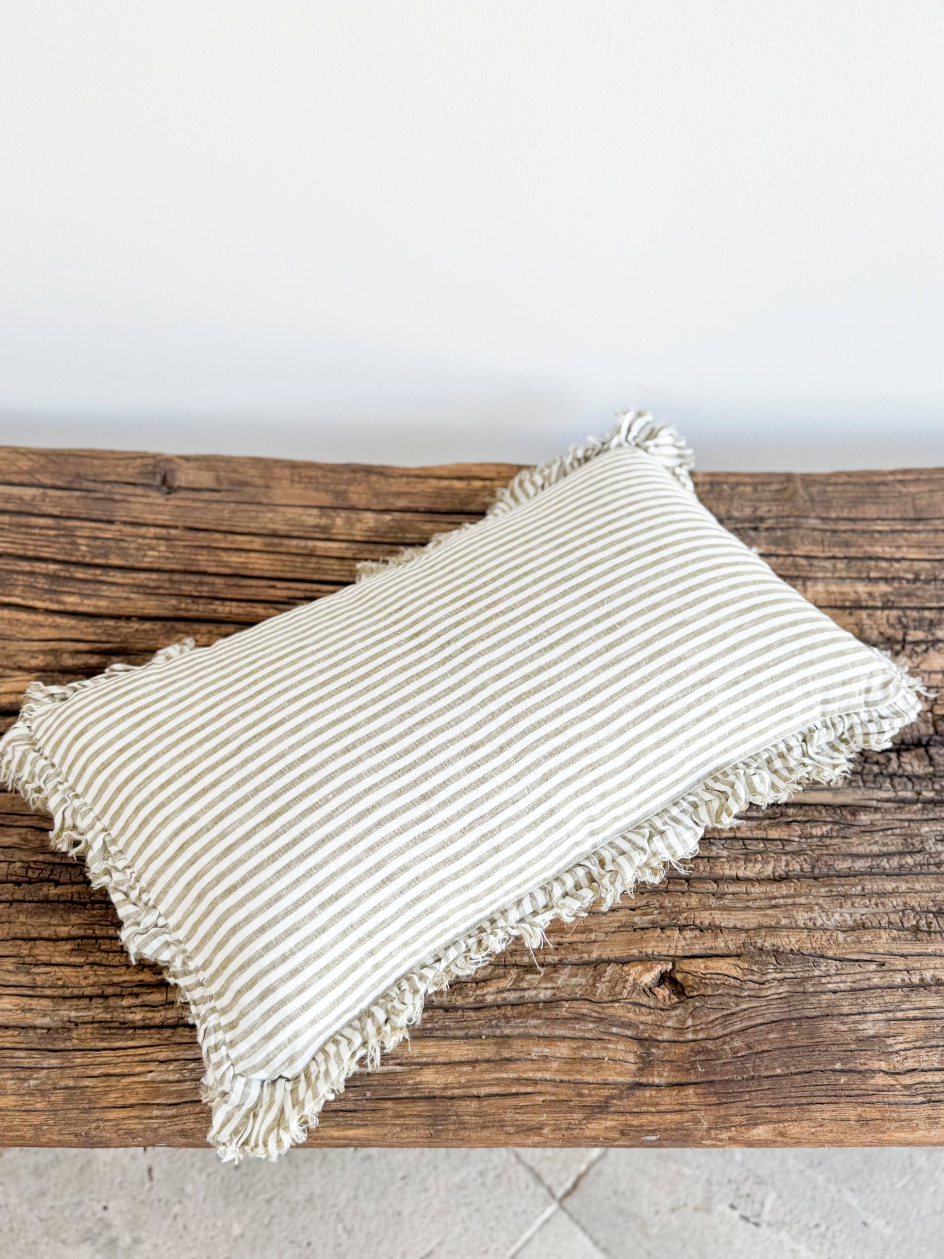 Hallie Ruffled Linen Cushion - Olive Stripe