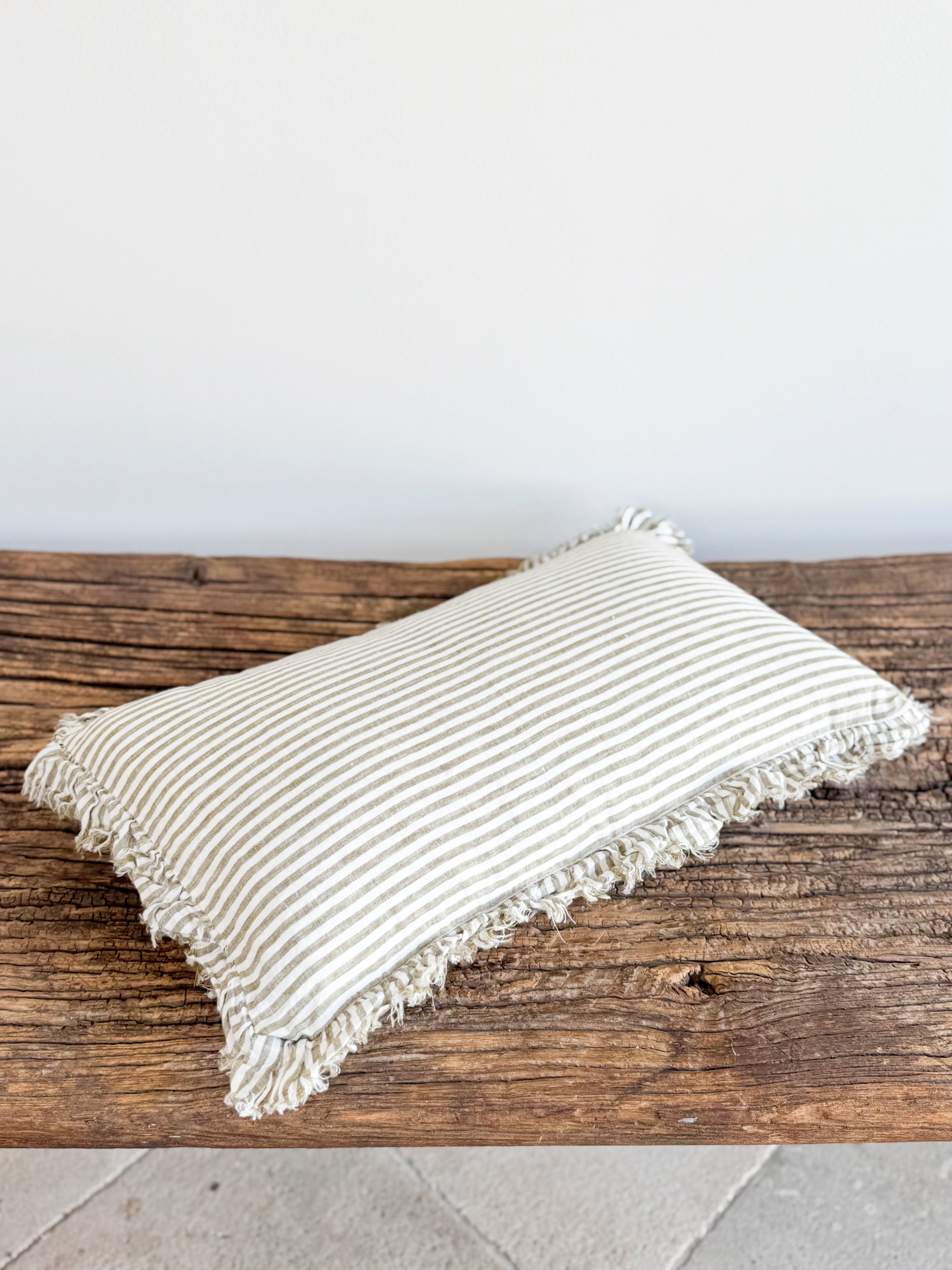 Hallie Ruffled Linen Cushion - Olive Stripe