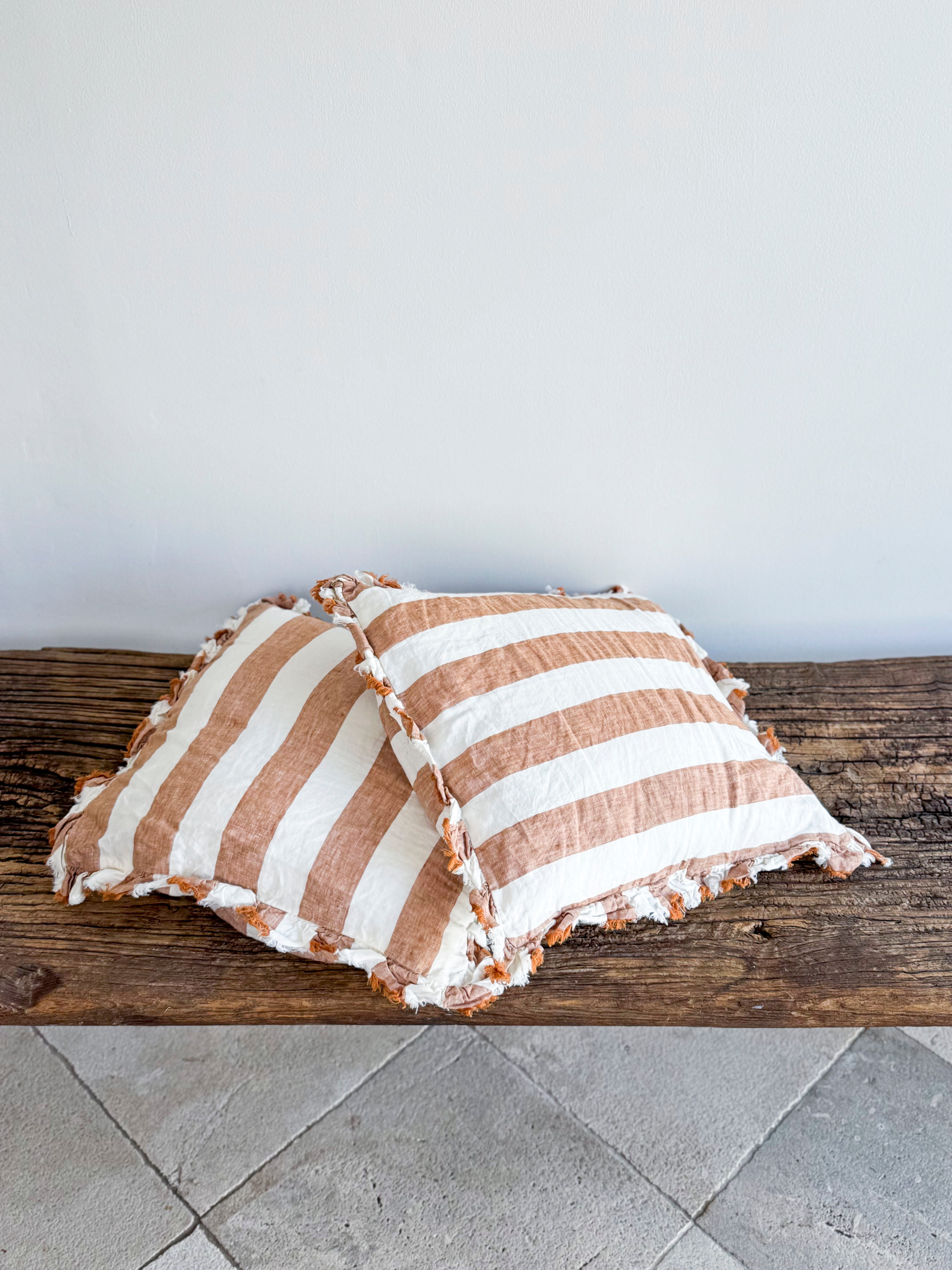 Hallie Ruffled Linen Cushion – Wide Rust Stripe