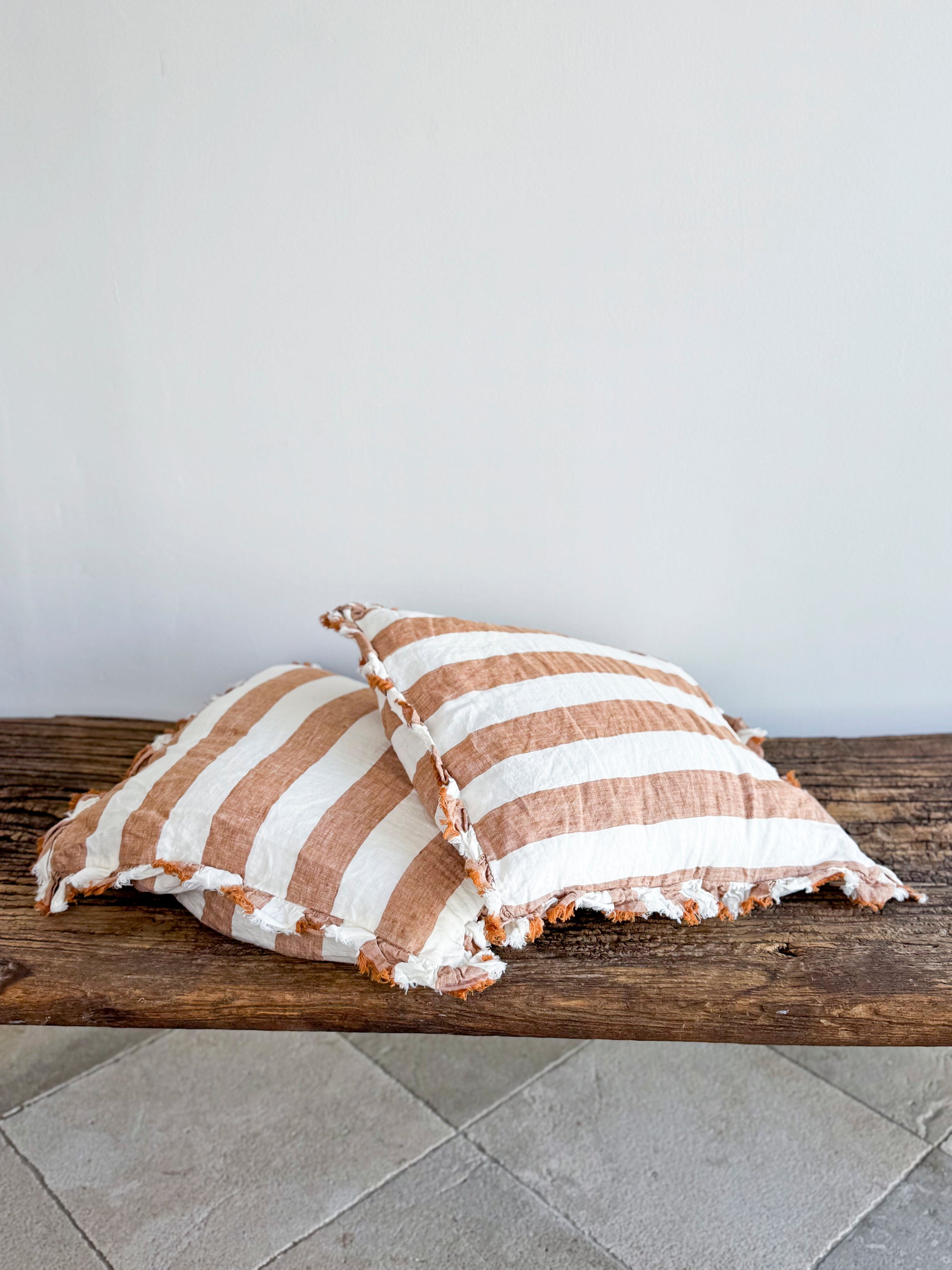 Hallie Ruffled Linen Cushion – Wide Rust Stripe