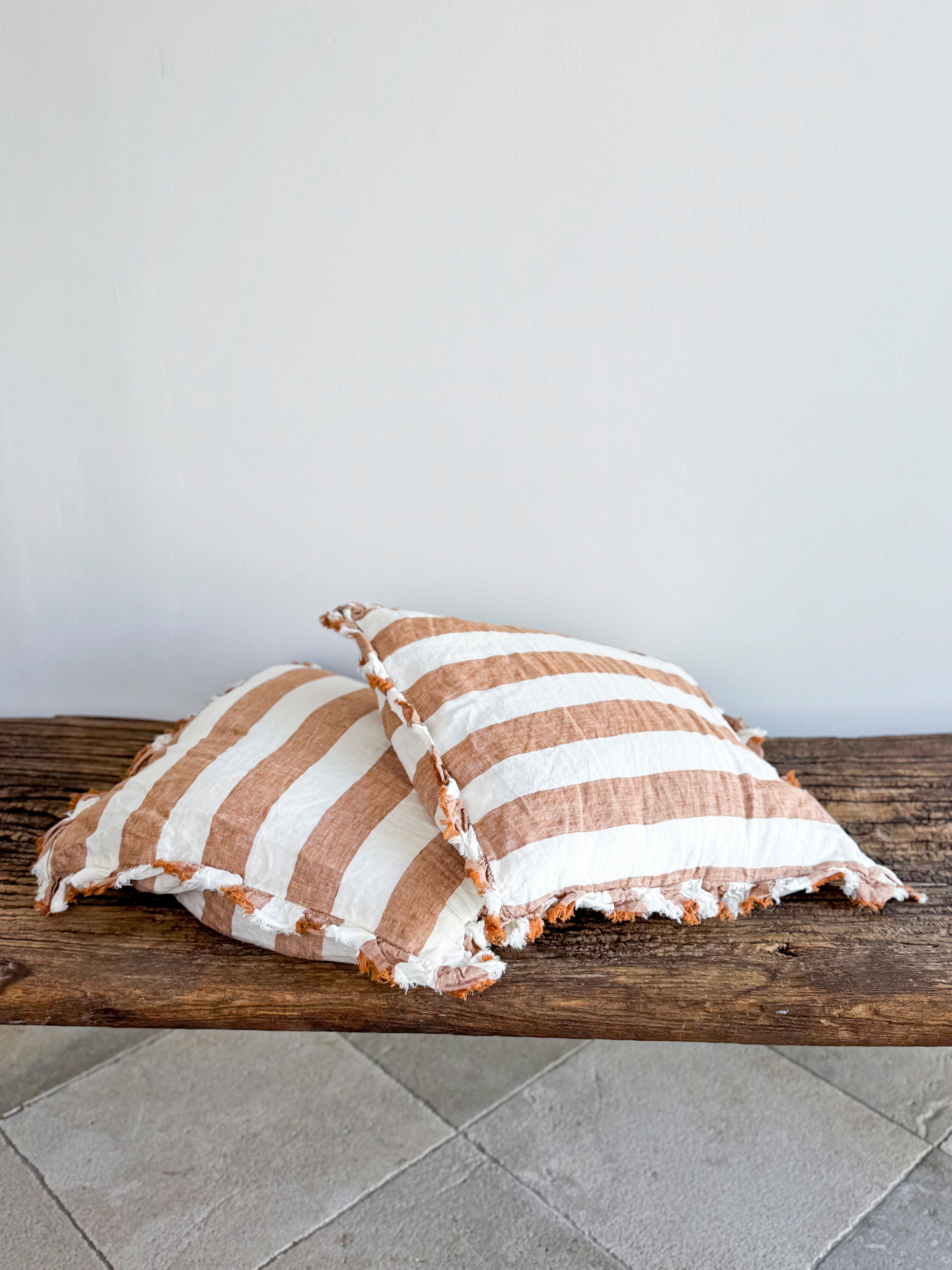 Hallie Ruffled Linen Cushion – Wide Rust Stripe
