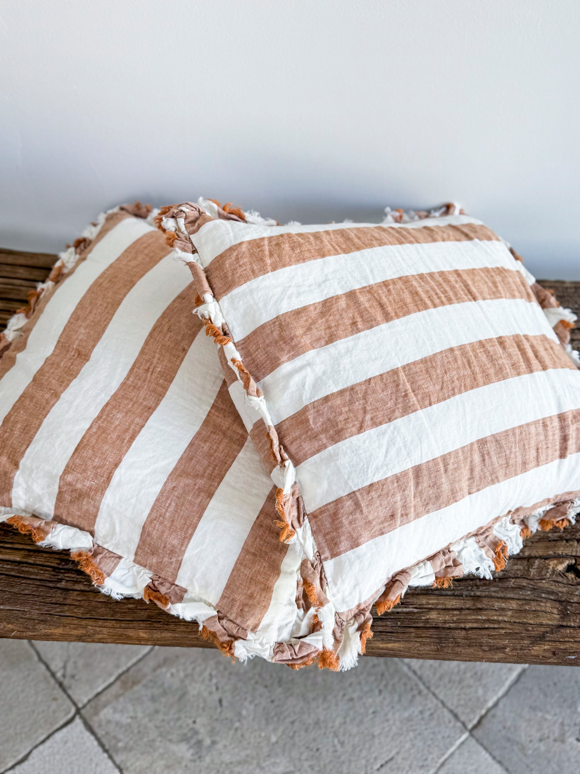 Hallie Ruffled Linen Cushion – Wide Rust Stripe