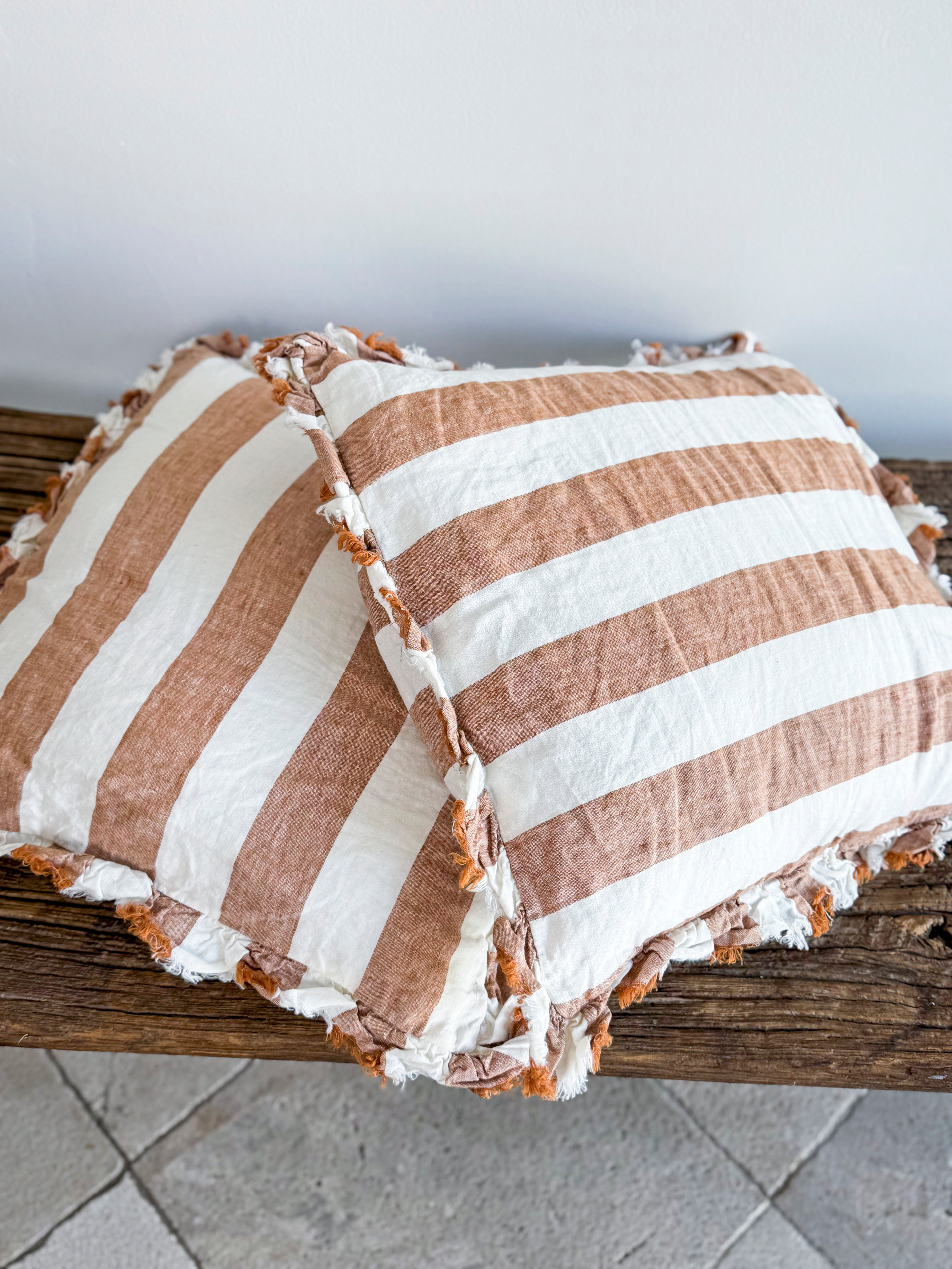 Hallie Ruffled Linen Cushion – Wide Rust Stripe