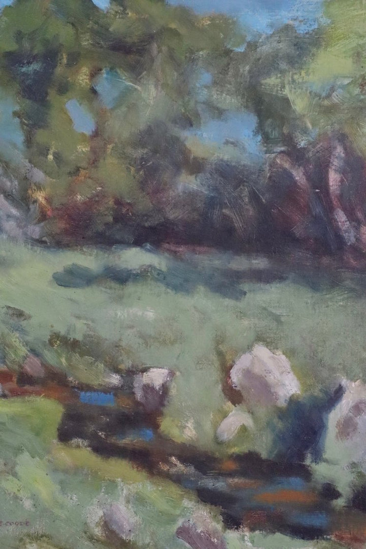 Painting of a landscape with trees and a path