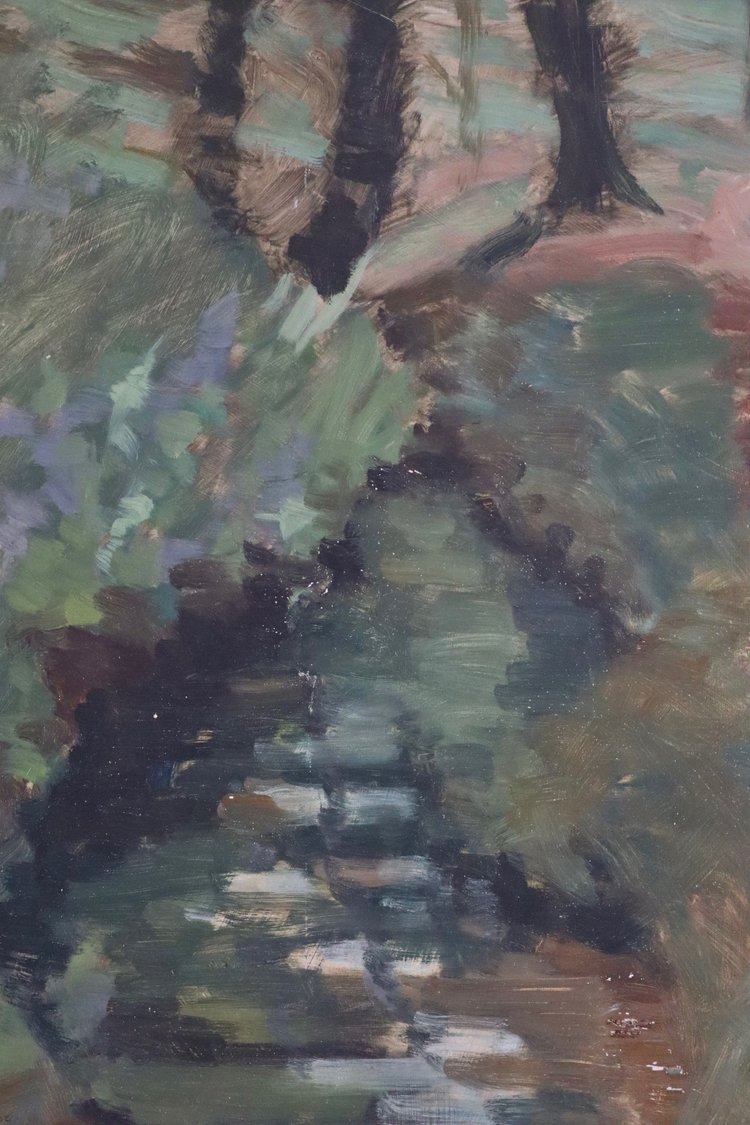 Abstract painting with a focus on green and brown tones