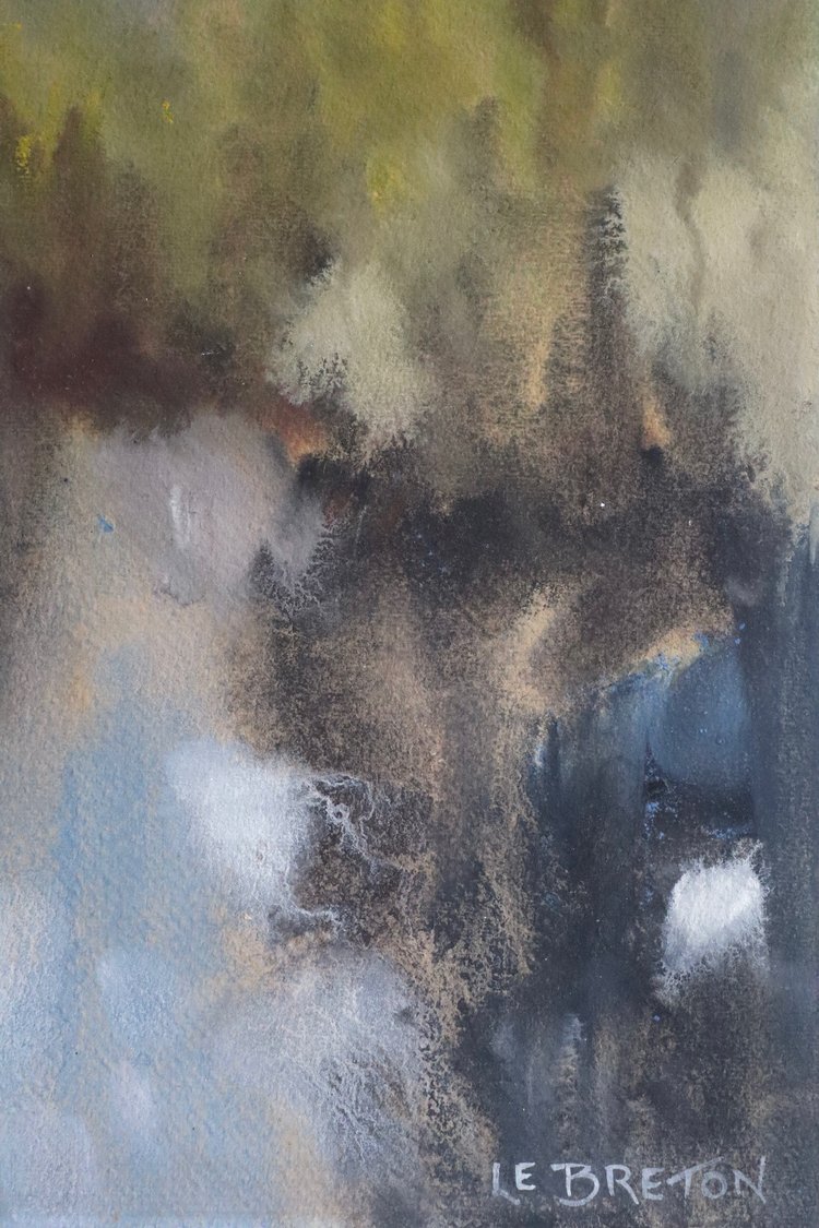 Abstract painting with earthy tones and a signature at the bottom right corner.