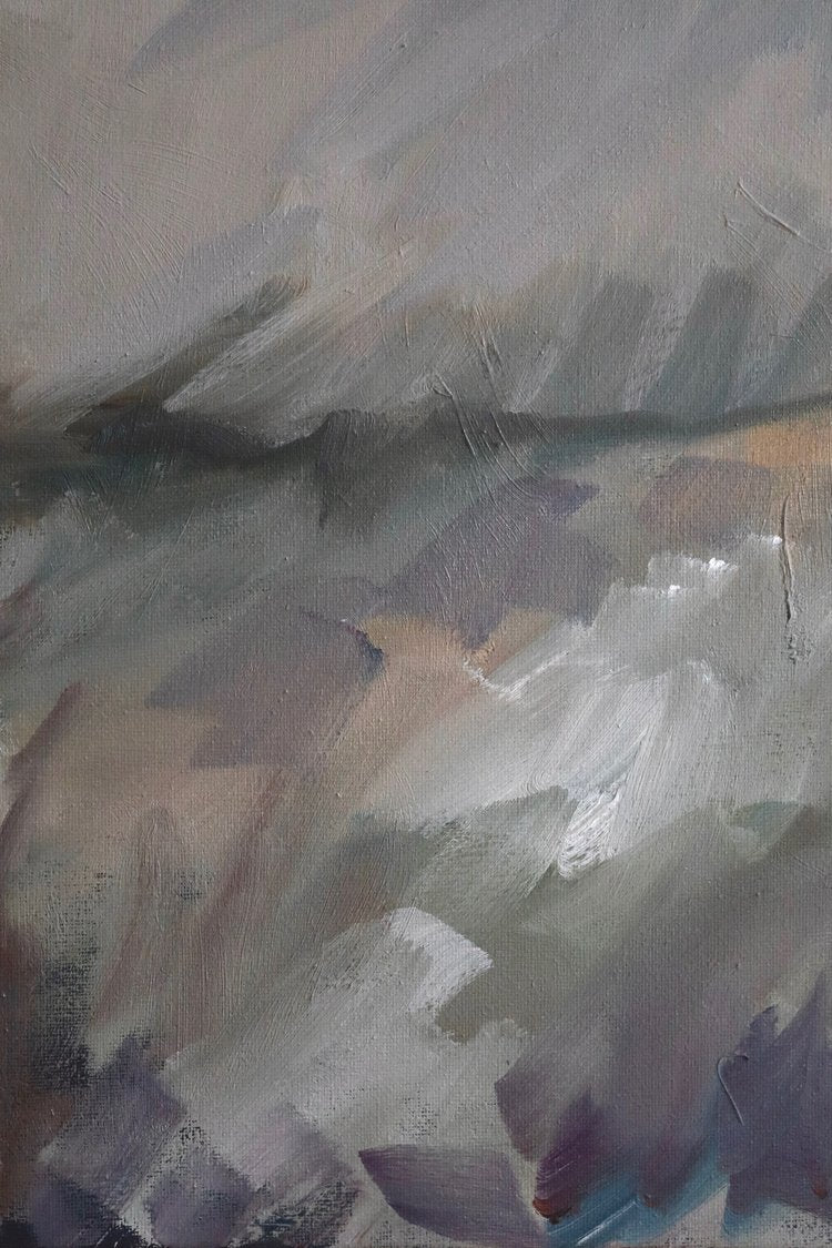 Abstract painting with various shades of gray, purple, and white.