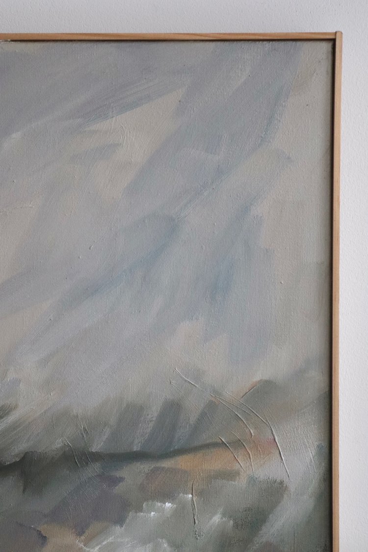 Abstract painting with wavy patterns in neutral tones on a white wall.