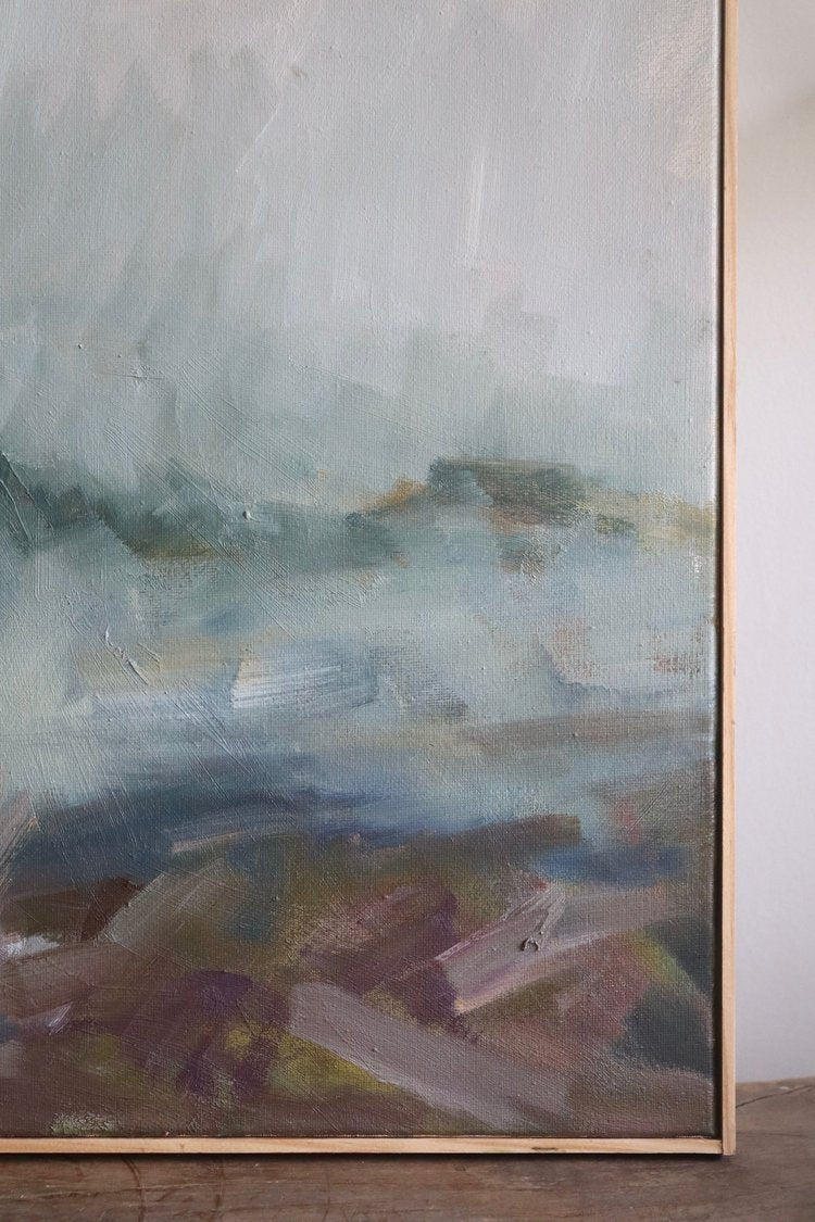 Abstract painting with visible brushstrokes on a textured wall.
