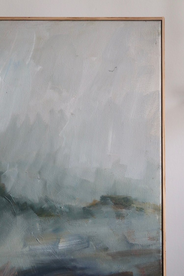 Abstract painting with soft, muted colors on a textured surface