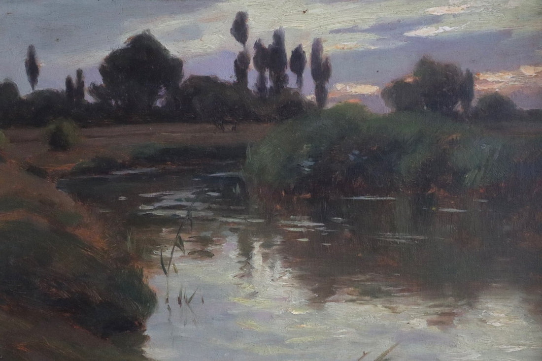 Painting of a landscape with trees and water