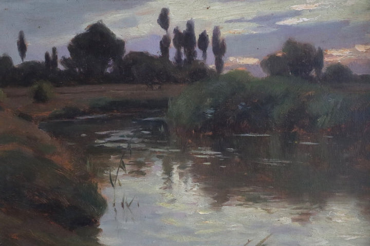 Painting of a landscape with trees and water