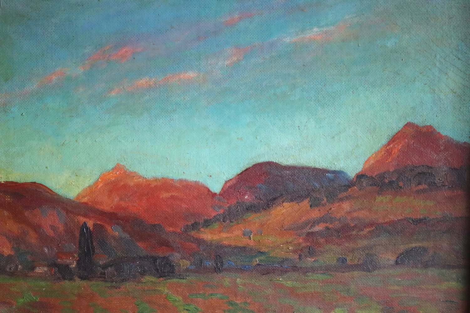 Painting of a landscape with red mountains and a blue sky.