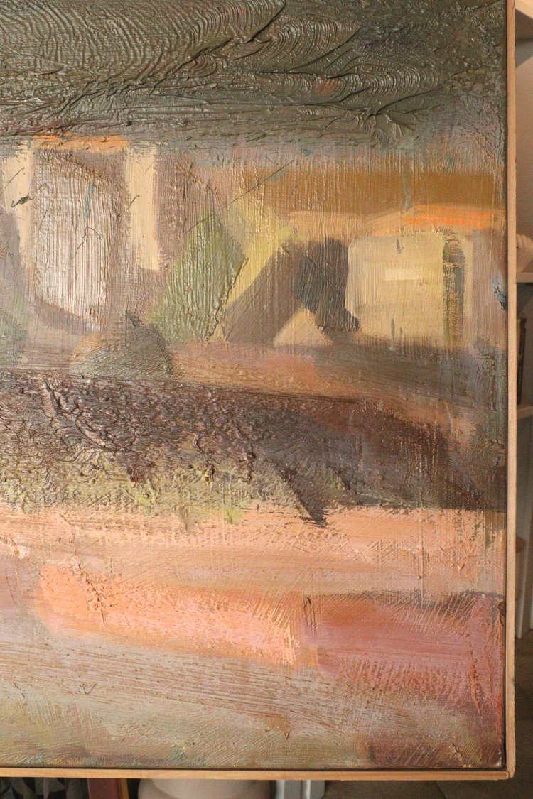 Abstract painting with textured brushstrokes in earthy tones