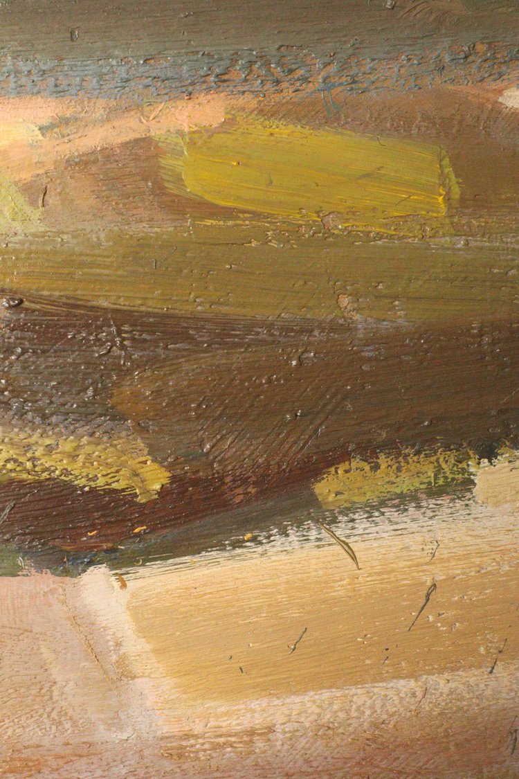Close-up of abstract art with brown, yellow, and beige colors
