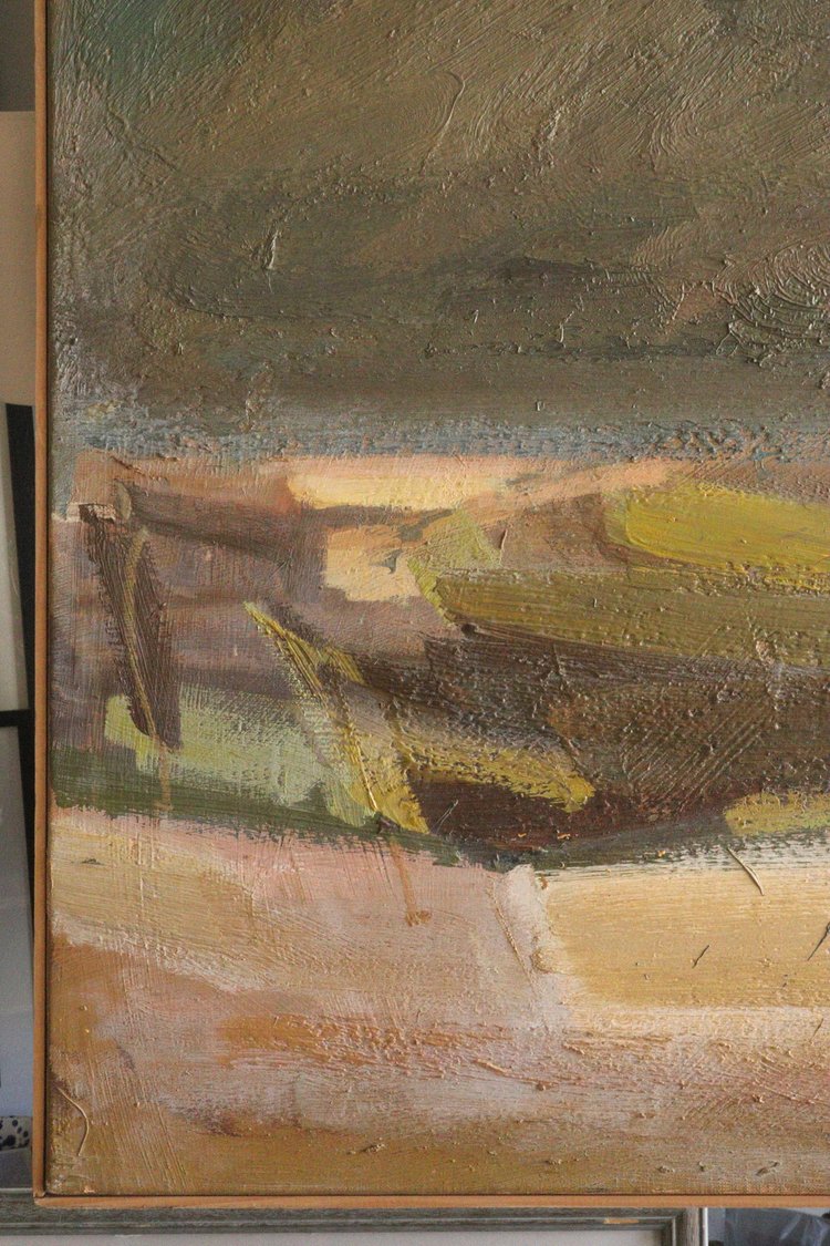 Abstract painting with textured brushstrokes in earthy tones