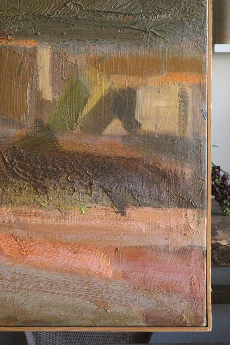 Abstract painting with textured brushstrokes in earthy tones.