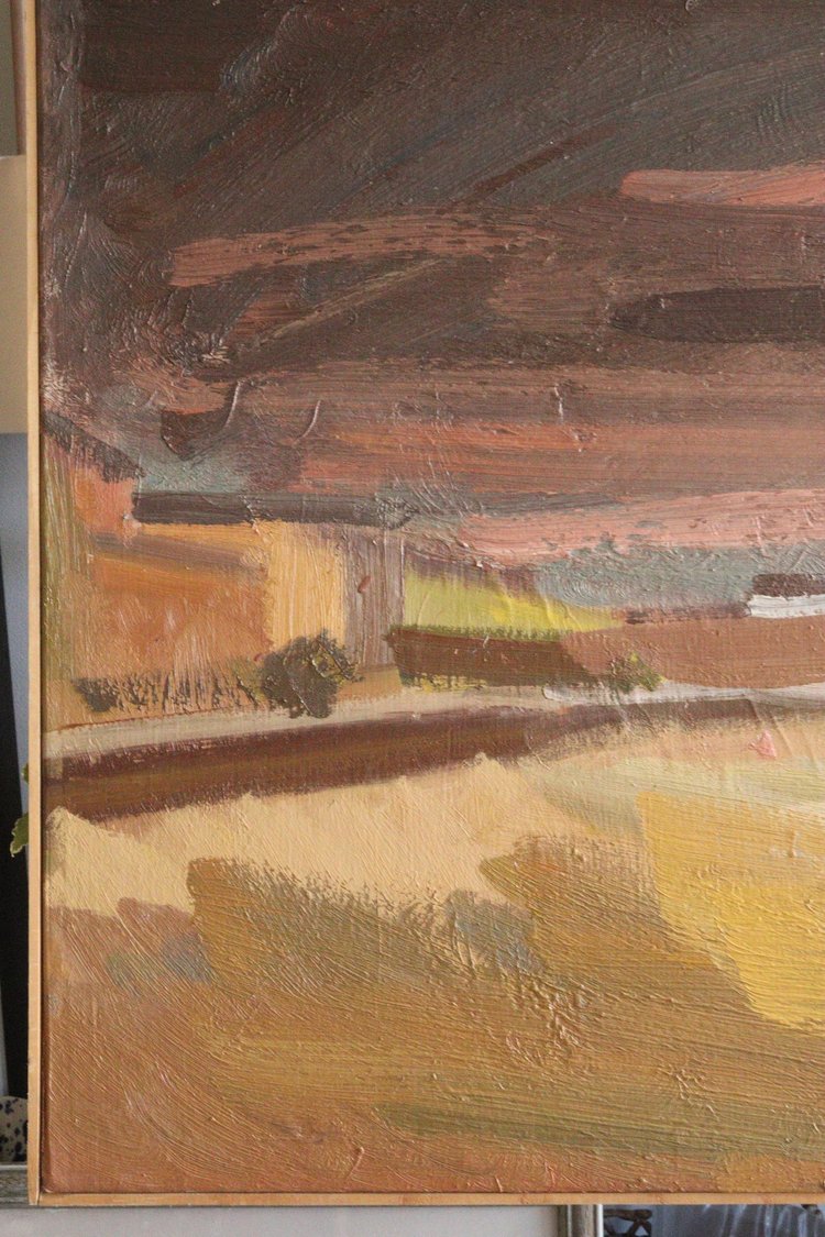 Abstract painting with brown, yellow, and green hues