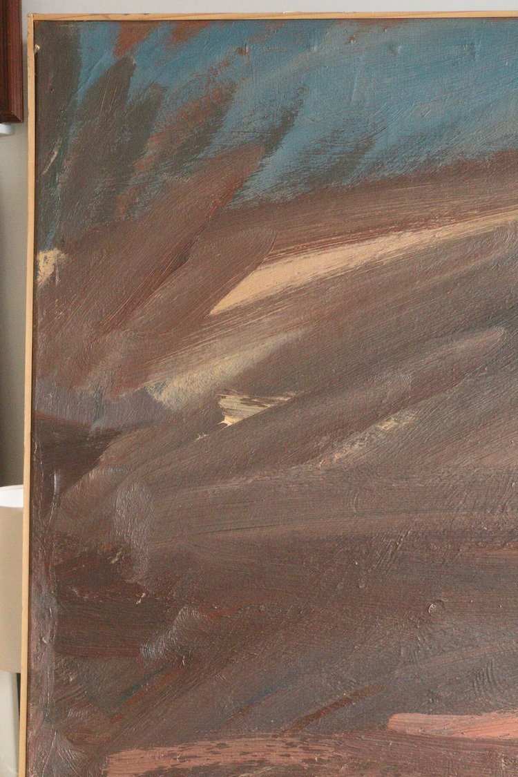 Abstract painting with brown and blue brush strokes