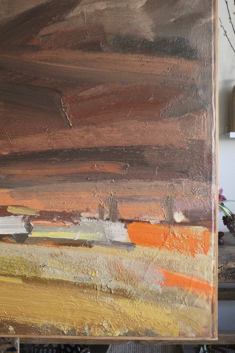 Abstract painting with textured brushstrokes in brown, orange, and yellow tones.