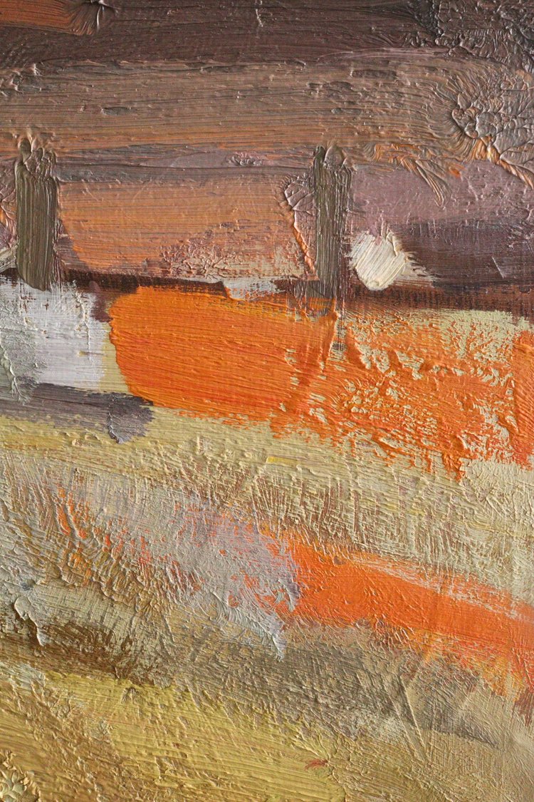 Close-up of abstract painting with orange, brown, and beige colors