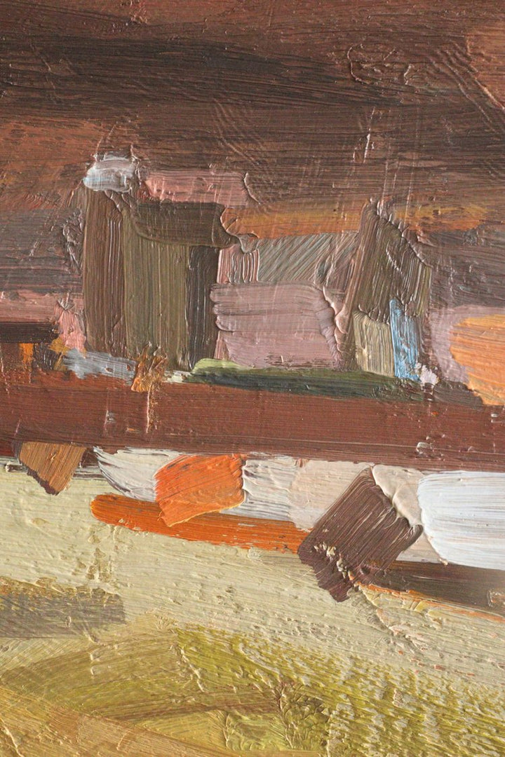 Abstract art with textured brushstrokes in brown, green, and orange tones.