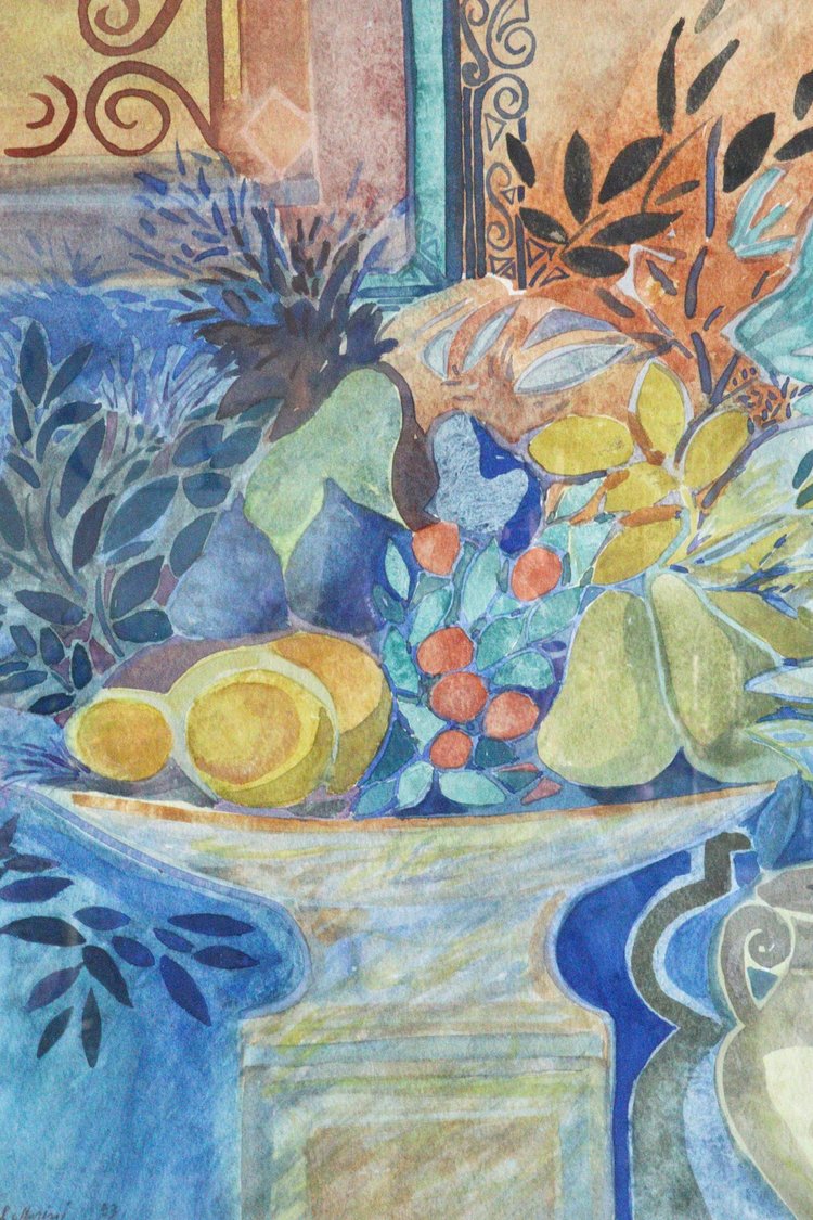 Colorful still life painting with fruits and flowers on a marble surface.