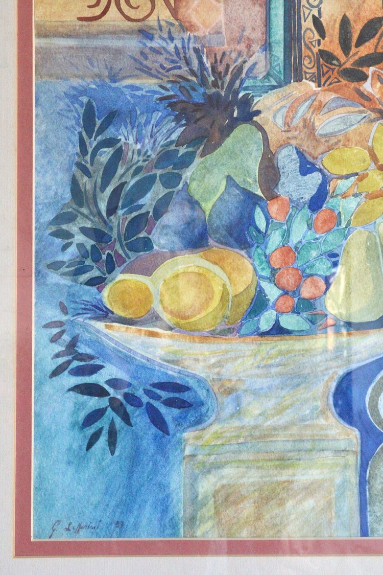 Artistic depiction of fruit and flowers on a table with decorative elements.