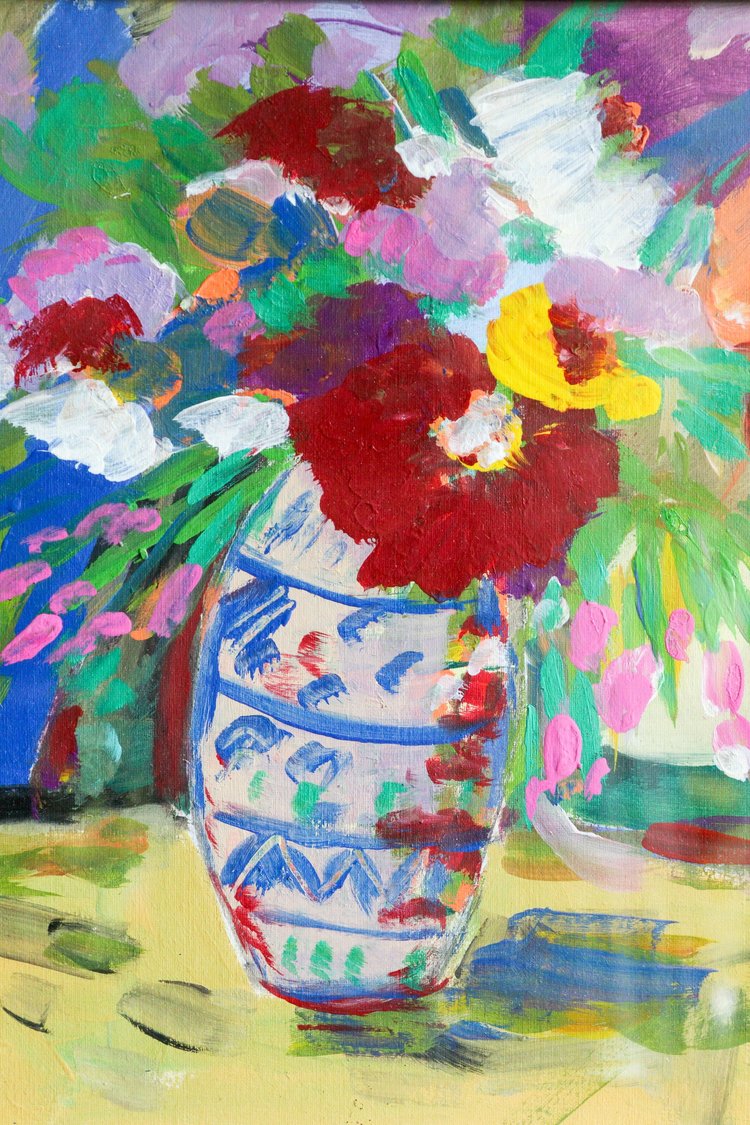 Colorful painting of a vase with flowers