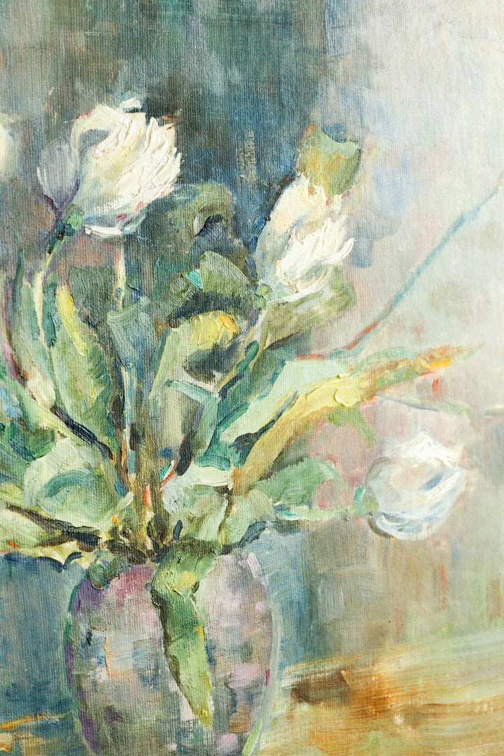 Oil painting of flowers in a vase with a textured background