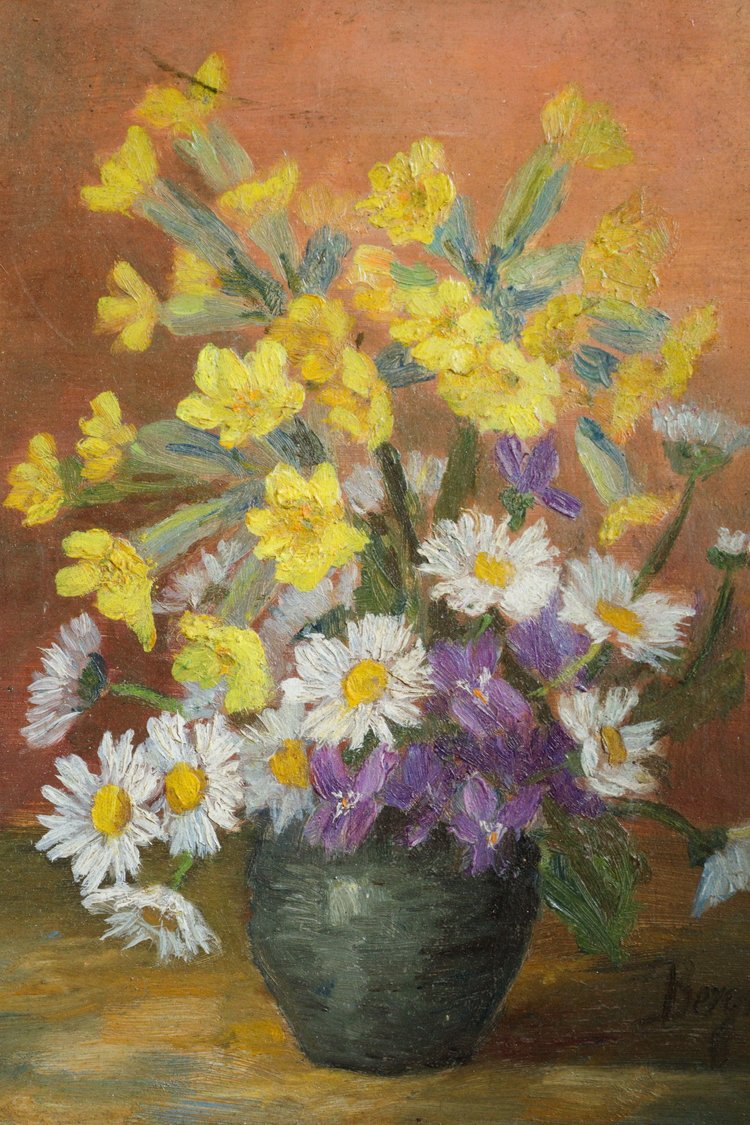 Painting of a bouquet of flowers in a vase with a warm background