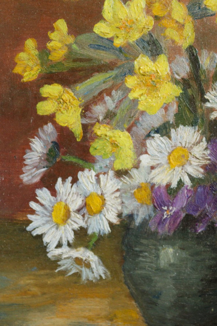 Painting of a still life with flowers in a vase on a brown background