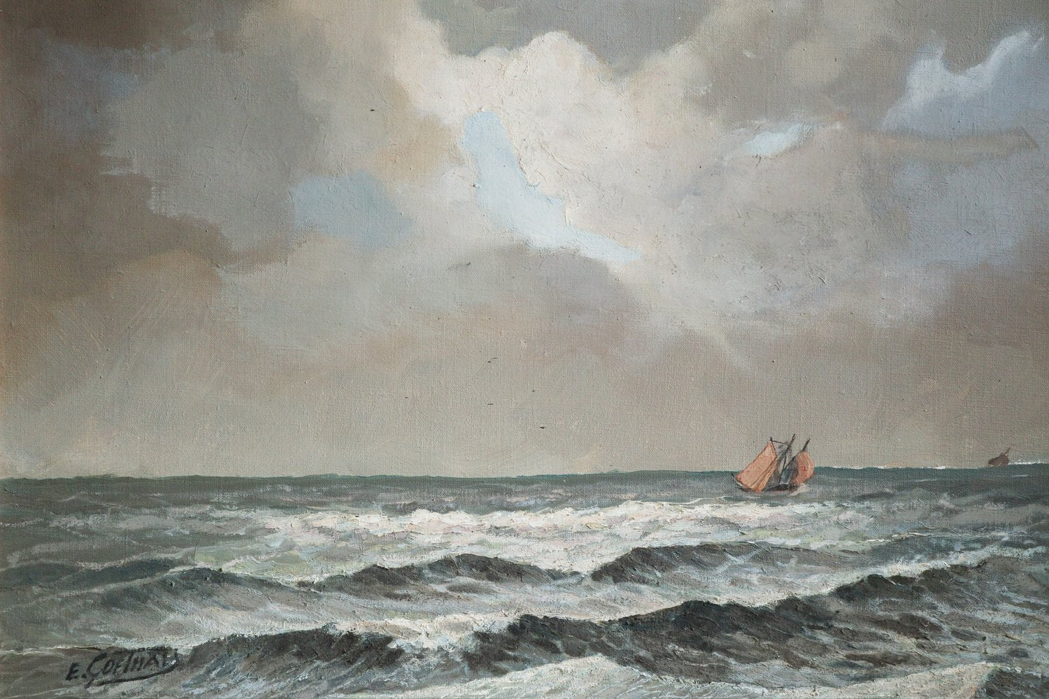 Painting of a ship on a stormy sea with dark clouds above.