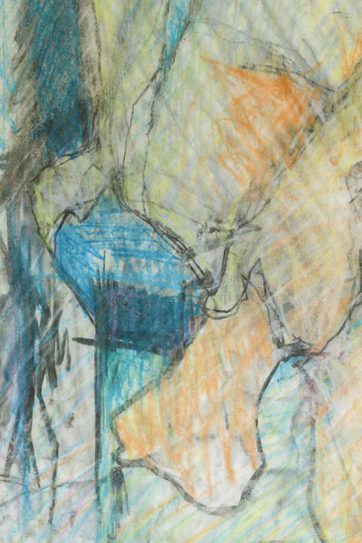 Abstract artwork with blue and orange shapes on a textured background