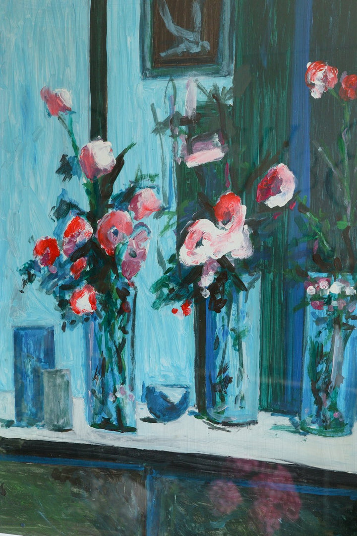 Artistic depiction of flowers in vases with a reflective surface