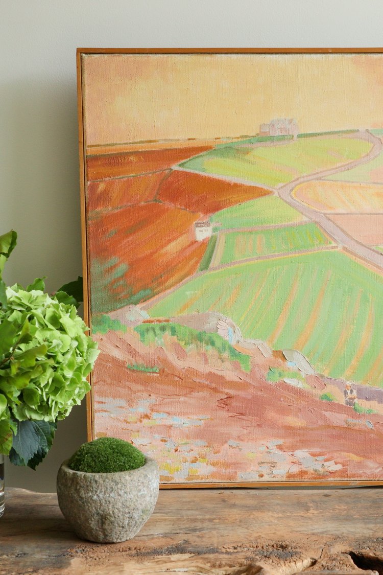 Framed landscape painting on a wall with a potted plant in the foreground.