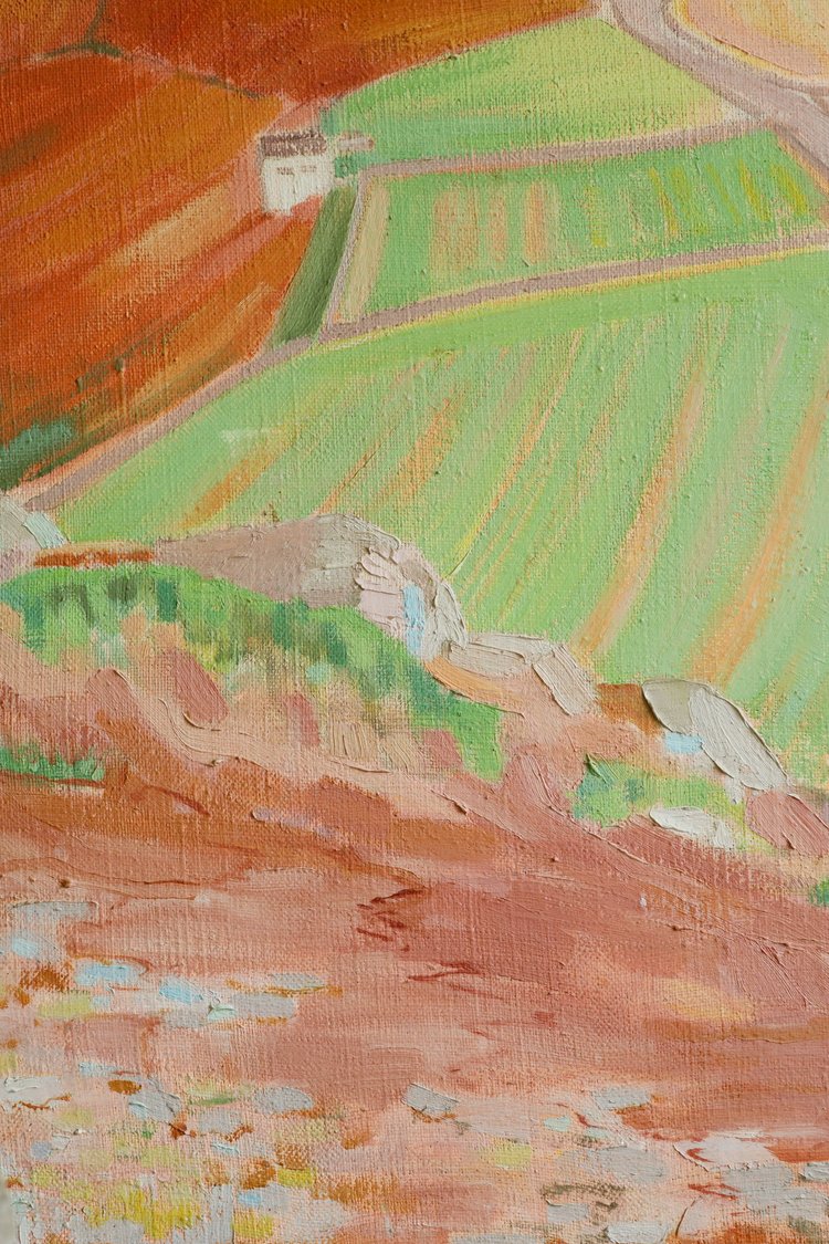 Artistic depiction of a landscape with fields and a building, using a textured brushstroke technique.
