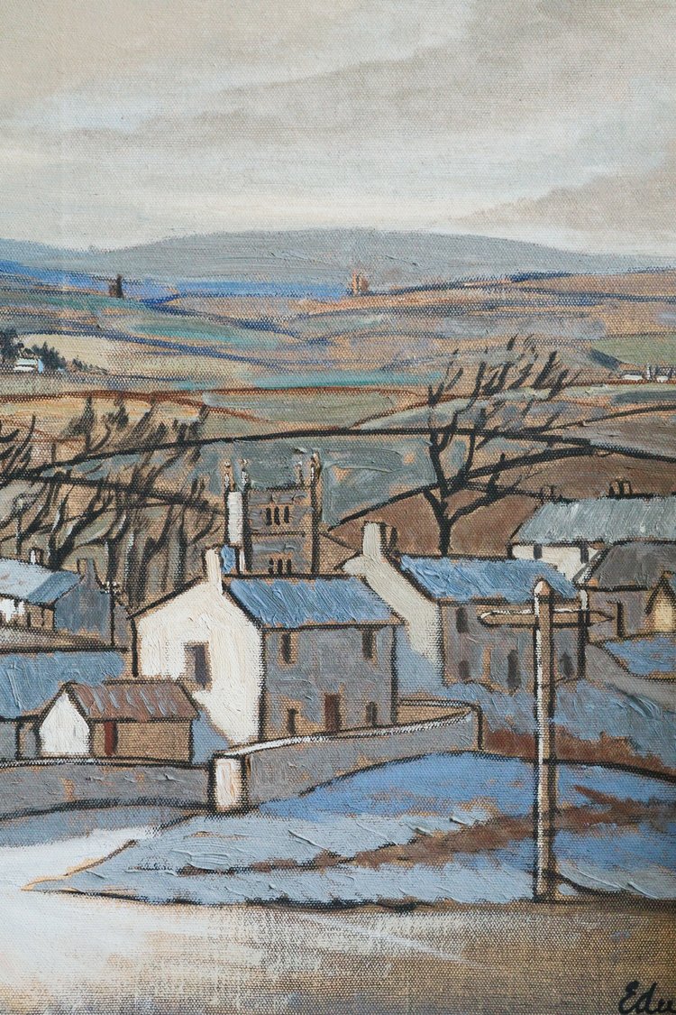 Painting of a rural landscape with houses and fields