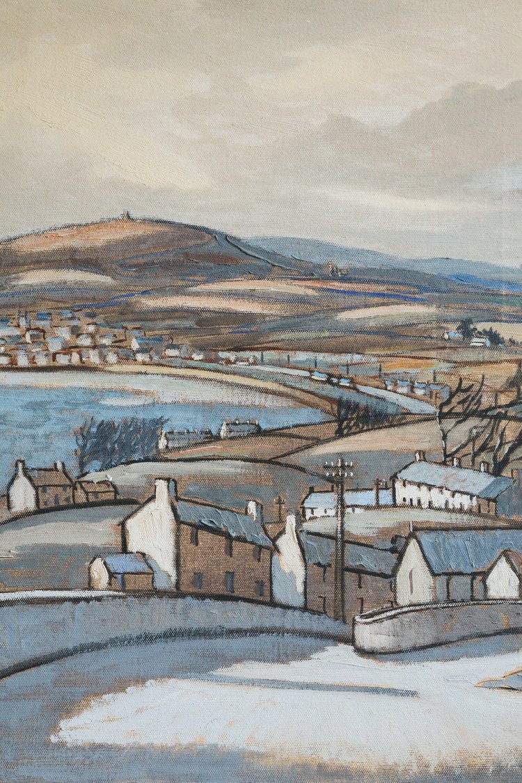 Scenic landscape with houses, a bridge, and hills in the background.