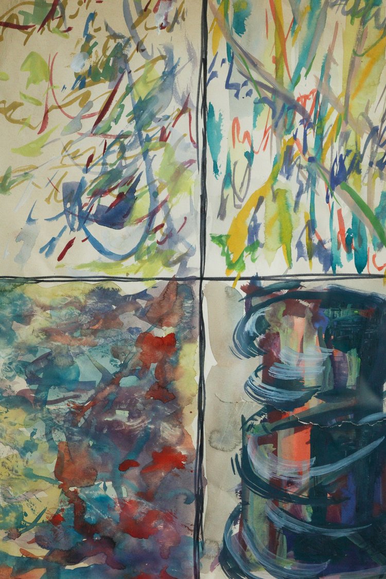 Four quadrants of abstract art with colorful brush strokes