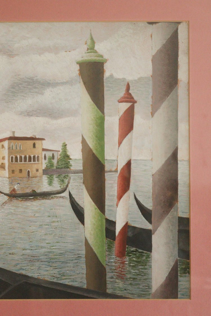 Artistic depiction of Venetian gondolas and striped columns with a pink border.