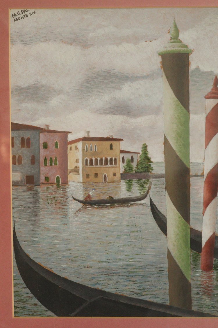 Vibrant depiction of a Venetian canal with gondolas and colorful buildings.