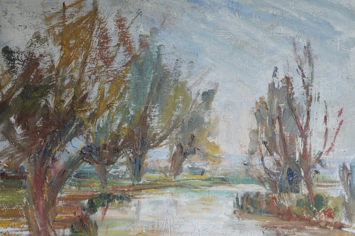 Painting of trees and a landscape with a blue sky.